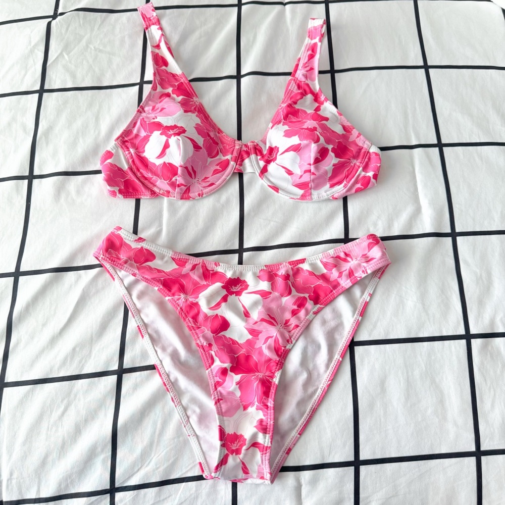 Pink Floral Flower Tropical Two Piece Bikini Swimsuit Size S